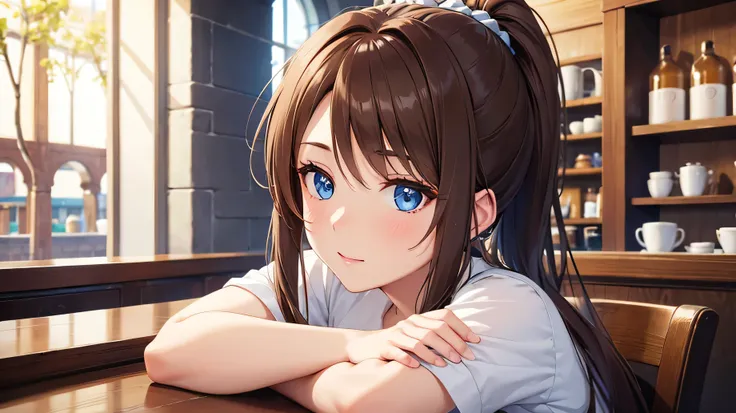 8K HD Animation，Exquisite details, Brown hair, A woman, Blue Eyes ，Ponytail，Relax in a cafe, There&#39;s nothing on the table.。Quiet and peaceful cafe scene, Lush green space, Detail of flowers, Several flying butterflies，Background is night scene， Bright ...