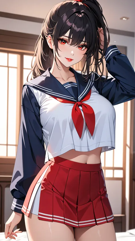 Highest quality　masterpiece　High resolution　masterpiece, black messy  hair,　　Red Eyes, high pony tail, seductive lips, teasing smile, big breast, long sleeves sailor uniform, bedroom, make up, glowing, beautiful, crop top overhang, hand behind the head, do...