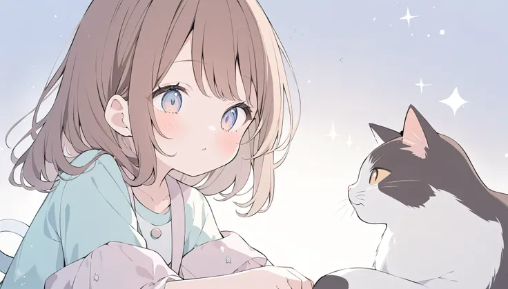 Girl playing with cat,Chestnut hair color,Pastel colors,A light touch,Light color,Illust