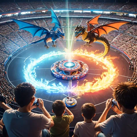 realistic photo, UltraHD, seen from a distance, Two boys are facing each other playing beyblade in the fighting arena, they were cheering for their respective beyblades, The beyblade releases the dragon animal technique and the other releases the finix bir...