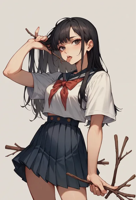 1 woman, young, of medium height, light skin color, black hair color, look ahead, female long bob haircut, Beautiful facial features, a mole under the right eye, sticks out his tongue in mockery, school uniform clothing, sexy body, show a tit