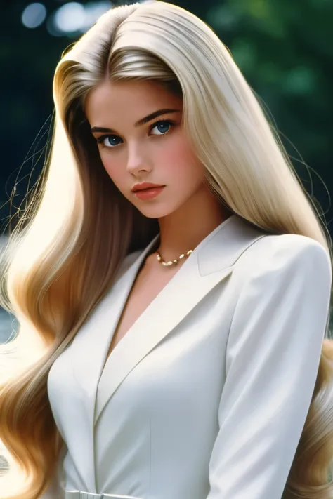 Film still, preppy girl, feminine, sophisticated luxury style, long blonde airy blowout hair, 1993 movie, highly detailed