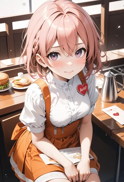 (((((anna miller)), waitress uniform, orange high-waist skirt, heart-shaped name tag on suspenders skirt, apron, restaurant))),,...