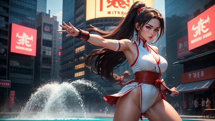 A pixel art-style character of a young woman resembling Mai Shiranui performing a kata in a plaza with a large fountain in the background. She has long brown hair tied in a high ponytail, wearing her signature red and white kunoichi outfit, with flowing ta...