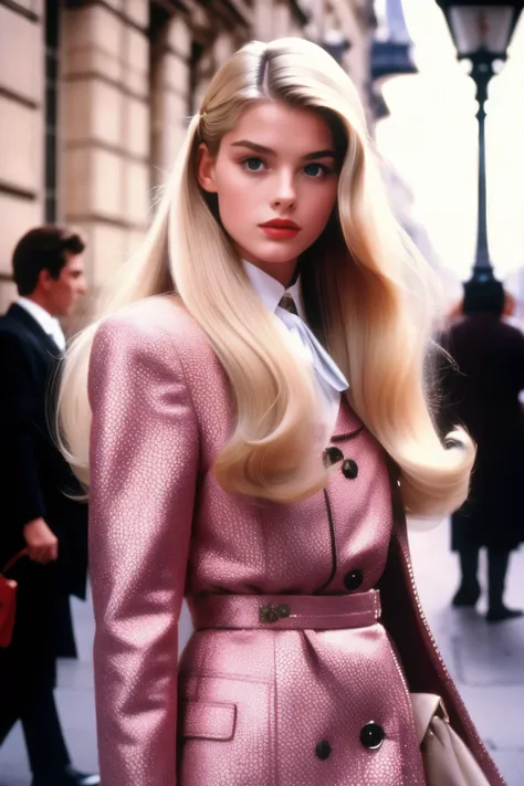 1989 movie film still, beautiful girl in prada, long blonde blowdry hair, paris