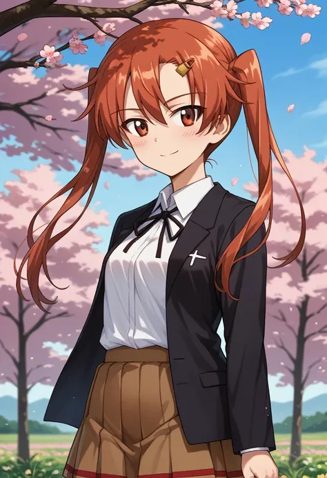 score_9, score_8_up, score_7_up, source_anime,
outdoors,cherry blossoms,standing,cowboy shot,smile, flower field
 emi_nakasuga (girls und panzer), twintails, long hair, hair ornament, hairclip, red hair, 
Emi_Nakasuga (Girls und panzer), 1girl, twintails,,...