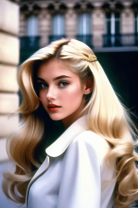 1993 movie film still, beautiful girl, long blonde blowdry hair, paris