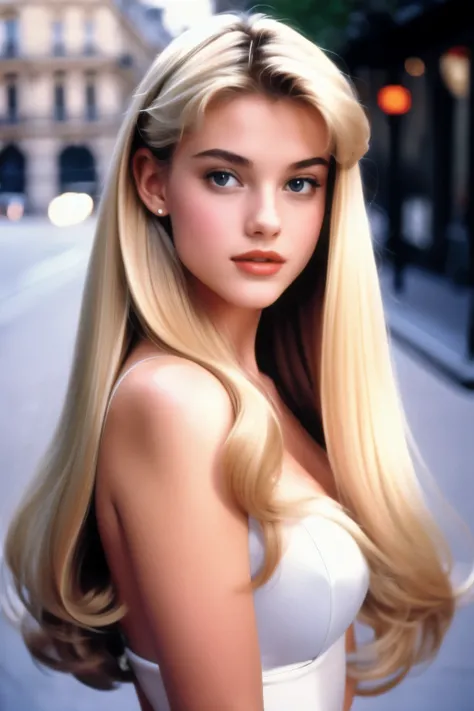 1996 movie film still, beautiful girl, long blonde blowdry hair, paris