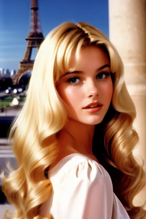 1997 movie film still, beautiful girl, long blonde blowdry hair, paris