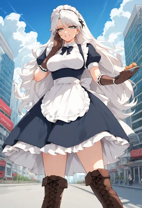 score_8_up, 1woman, white hair, megane, long hair, brown gloves, maid, 80s maid dress, boots, grey eyes, cloudy city, buildings in the background, face focus, smile