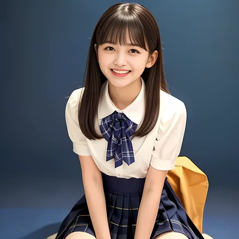 (Highest quality, masterpiece:1.2), Highest quality, High resolution, 1080P, 8k, height: 158cm, Multiple cute girls, (Noble, Japanese 13yo truly-girly-girl is seated on a blue flat floor and smiling directly at me in school uniform, Looking up at me deeply...