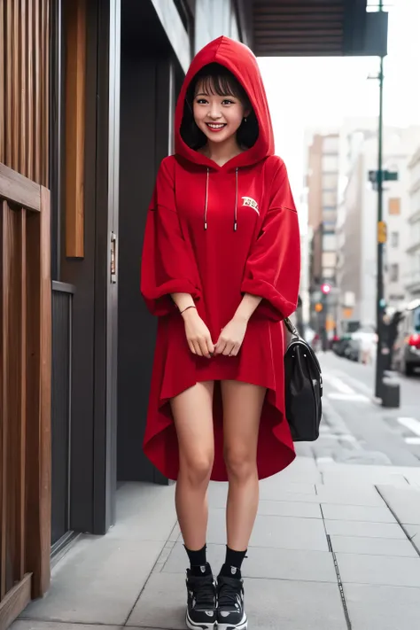 Women、150㎝、40㎏、Red hooded dress 20cm above the knee、Black Shortcut、Double teeth