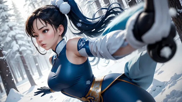 In an anime scene, Chun-Li gracefully performs a kata in a snow-covered forest. Her movements are fluid and precise, with her blue qipao swaying gently as she executes each technique. Snowflakes fall in slow motion, each flake drawn with intricate detail a...