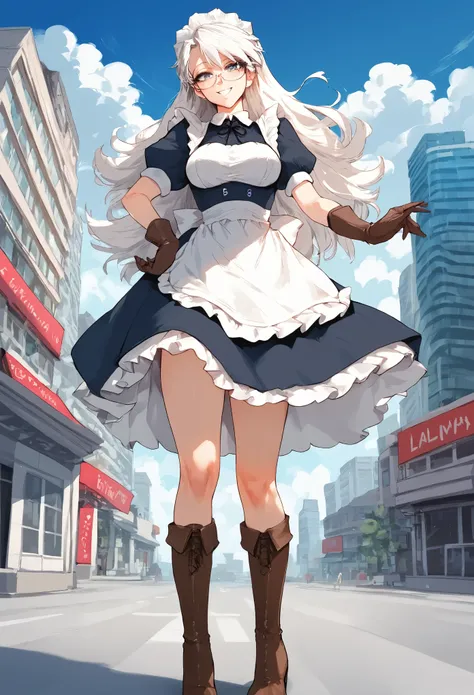 score_8_up, 1woman, white hair, glasses , long hair, brown gloves, maid, 80s maid dress, boots, grey eyes, cloudy city, buildings in the background, face focus, smile