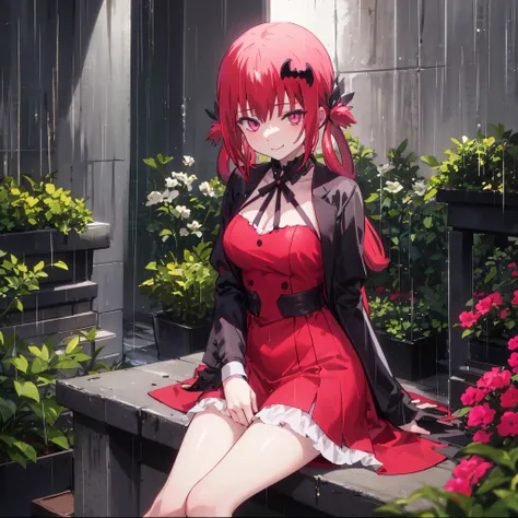 rainy night Satanichia mcdowell sitting in a beautiful garden while posing rigorously and watching the rain with a smiling magenta eyes, Long red hair arranged beautifully dressed in a dark gothic style dress detailed arms and hands slender body 