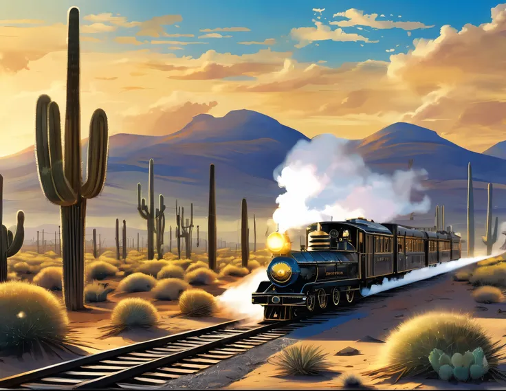 a steam train，Driving alone on a desert railway，the setting sun，cacti，delicate picture，sad atmosphere