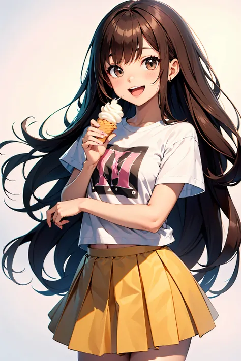 Cute Girl,Holding a soft serve ice cream,Pleated skirt,mini skirt,smile,Brown Hair,Long Hair,White blank background,High image quality,whole body,T-shirt open mouth