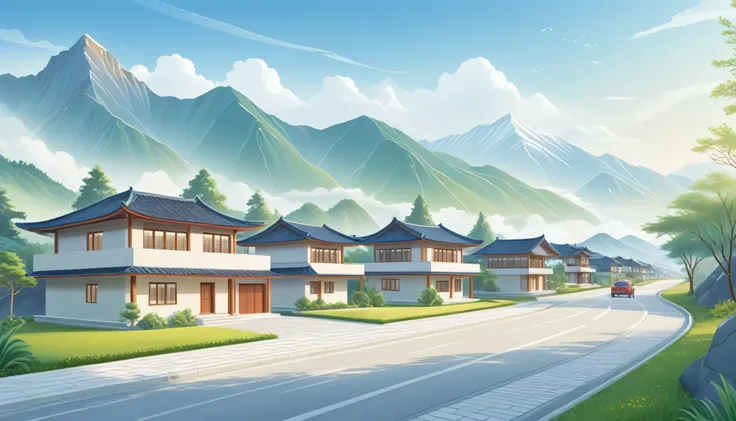 modern two-story buildings were built on the flat land between the mountains.，clean roads，mainly line illustrations，simplicity