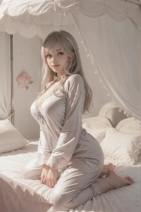 photo of mariya with long blonde hair, bang, NSFW, (petite:1.4), wearing (silver pajamas:1.3), (mastrubating:1.8),  on bed in a cute girly bedroom adorned with pastel hues and playful decor. The walls are painted in soft pinks or lavender, with a delicate ...