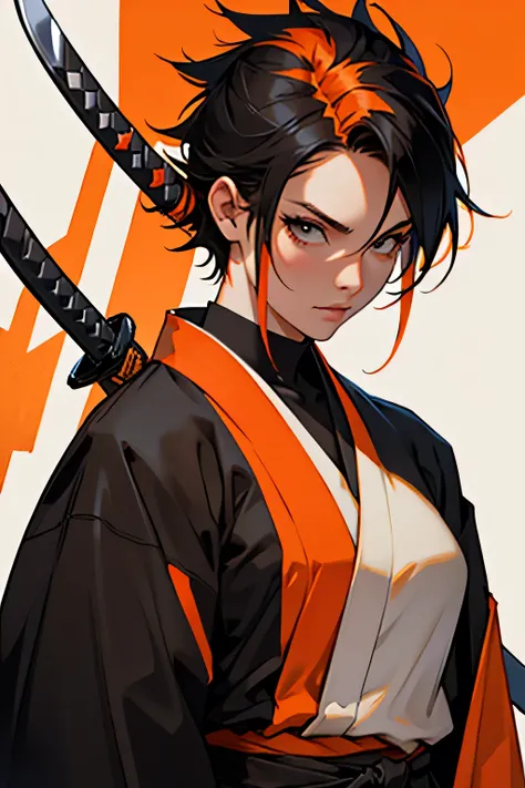 make a white woman with short spiky hair, half black hair and half orange hair, wearing black and orange kimono.with a katana, in the background details in orange color.