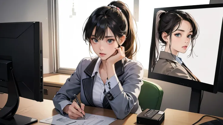 (Perfect Anatomy:1.2)(Absurd, High resolution, Super detailed),masterpiece,Best Quality,High resolution,8k,realistic face,Realistic skin texture,Expanded Texture, Amazing clarity,Detailed Anime Girl,(Super detailed eyes and face),(1 girl:1.4),2,Office Work...