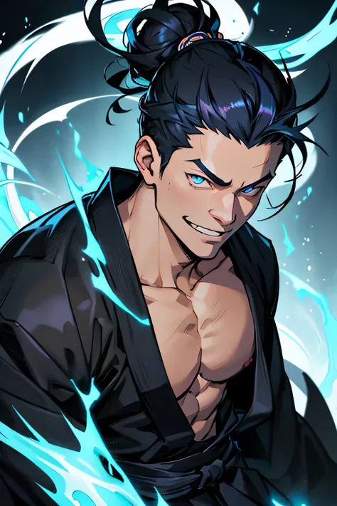 draw a black man, in a half-open black kimono showing his muscular chest, samurai bun style hair in black with a blue streak,in the background blue flames, he has spectral light blue eyes, with a confident face, smiling. in the jujutsu kaisen style like th...