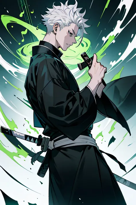 Make a blank, white haired, with green and black kimono holding a katana. In the background, some musical notes in greenish color floating. make the drawing in the jujutsu kaisen style.