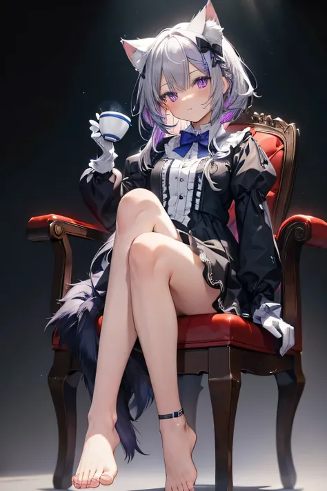 score_9,score_8_up,score_7_up,ncaaoo33,1girl,feet focus,feet,barefoot,toes,foreshortening,solo,cat ears,sitting,cup,teacup,purple eyes,gloves,spread toes,grey hair,toenails,holding cup,bow,animal ear fluff,streaked hair,cat girl,simple background,chair,ban...