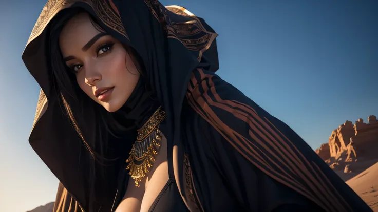 (best quality,4k,8k,highres,masterpiece:1.2),ultra-detailed,(realistic,photorealistic,photo-realistic:1.37),very beautiful sexy girl, big boobs, sexy arabic descendant, rich women, statuesque figure, intricate black hijab and abaya, detailed fingers, deser...