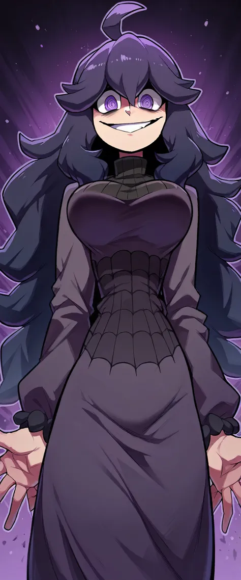 a woman hex Maniac sexy beautiful attractive friendly big breast good happy Long wavy dark black hair her purple eye rotating pupil face panic creepy wears long thick black top underneath long purple robe long sleeve waist cobwebs