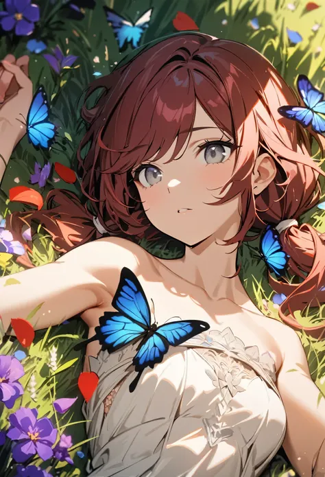 (1girl,20 years old), gray eyes, dark red hair, low twin tails, swept bangs, white ribbons, strapless white shirt, jeans, stoic, small breasts, toned arms,separated lips,lying,grassland, natural soft lighting, butterfly, bug, blue butterfly, blue flowers, ...