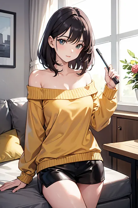 ((Best Quality)), ((masterpiece)), (detailed), One girl, Off-shoulder sweater, 