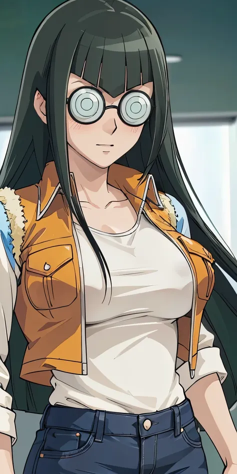 1 Female,High definition,high resolution,Ultra-realistic,8K, CC,long hair, black hair, glasses, stripped shirt, stripped sleeves, jacket,vest,pants,large breasts,European,sexy,Upper body close-up,Photographed from the front,Dynamic Angles,private teacher,b...