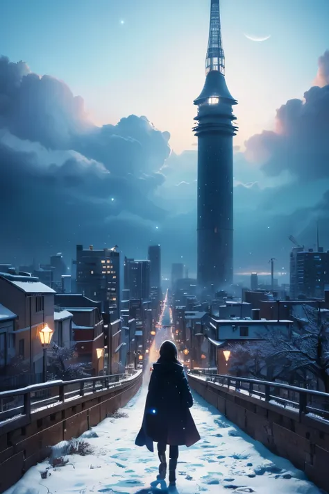 Anime landscape of a city with a tower, a person walking on a snowy path, cosmic sky. By: Makoto Shinkai, beautiful anime scenes, Makoto Shinkai, Cyril Rolando, anime background art, beautiful anime scenery, anime art wallpaper 4k, anime art wallpaper 4k, ...