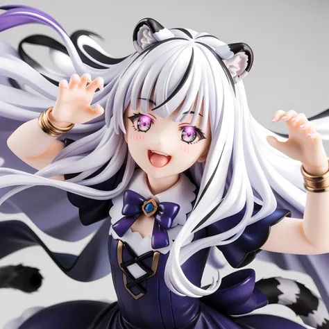 ((masterpiece)), ((extremely delicated and beautiful)), (ultra-detailed), 1girl, solo, long hair, white tiger ears, white tiger tail, open eyes, uppercut pose, glowing eyes, patchy dress, purple dress, black dress, multicolored dress, bracelet, high black ...