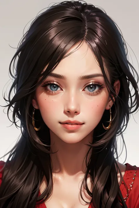 "Illustrate a front-view, close-up of a 2 woman’s face with a gentle smile. Her expression is warm and friendly, with smooth, radiant skin and a small black beauty spot on her cheek. She has expressive eyes, softly arched eyebrows, and naturally full lips....