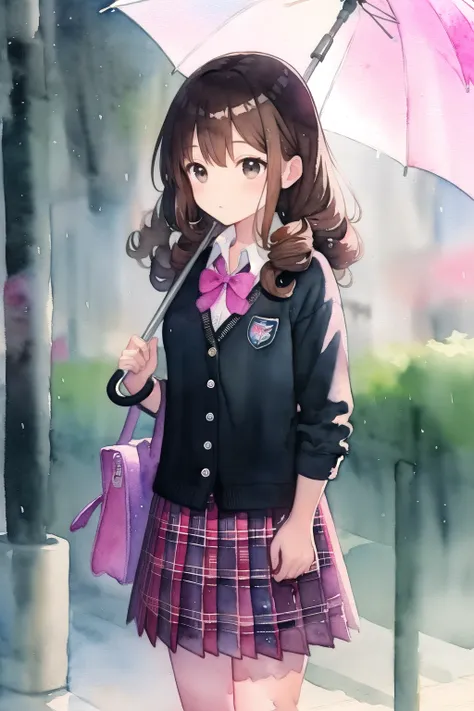 (high quality), (best quality), (detailed), (highly detailed), (watercolor painting: 1.4), (loli, little, ultra cute kawaii:1.3), curly hair, long hair, brown hair, black eyes, looking afar, looking to the right, medium breasts, school uniform, collared sh...