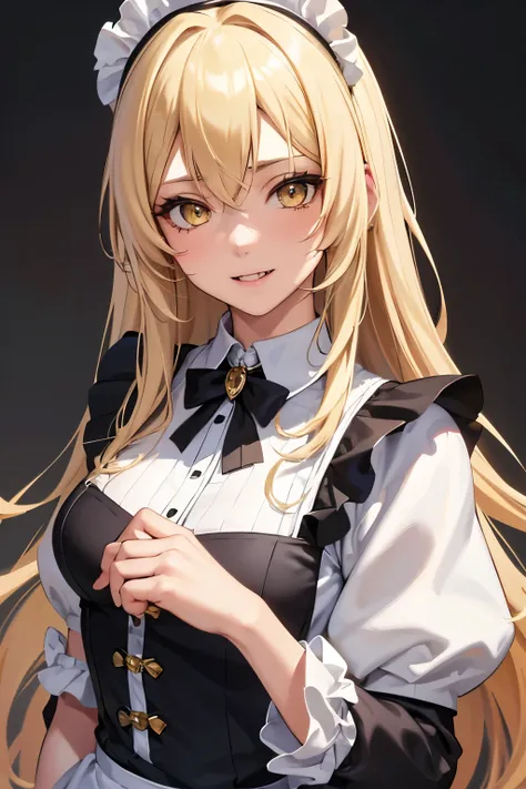 masterpiece, best quality, 1girl, blonde hair, smile, fang, yellow eyes, long hair, messy hair, mugshot, small breasts, upper body, maid outfit, mature, mature face, milf, empty background, detailed eyes, detailed facial features, realistic and high resolu...