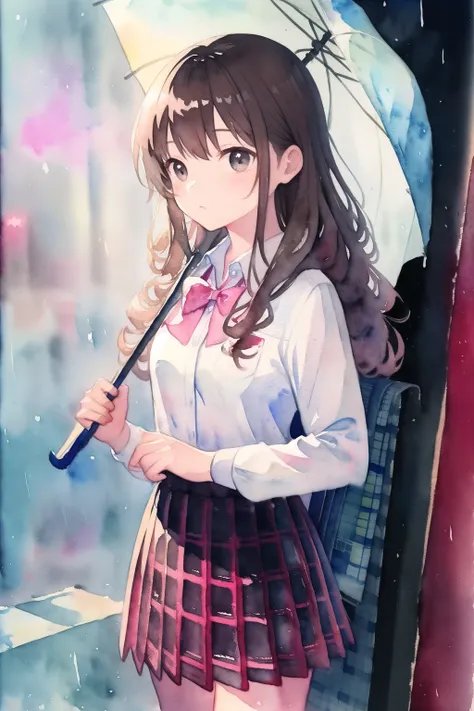 (high quality), (best quality), (detailed), (highly detailed), (watercolor painting: 1.5), (loli, little, ultra cute kawaii:1.3), curly hair, long hair, brown hair, black eyes, looking afar, looking to the right, medium breasts, school uniform, collared sh...