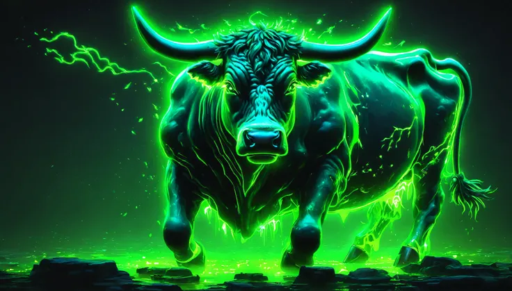 masterpiece, best quality, extremely detailed, animation, metallic neon green mythical cow, spirit, cow with fantastic light effect, glowing green cow, neon outline, glowing green lights, black background
