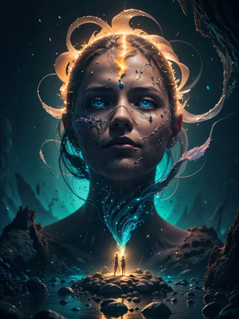 (((Masterpiece))), Best Quality, High-resolution photograph, realistic perspective, Create an abstract piece of art inspired by the quote "The wound is the place where the light enters you" by Rumi. The artwork should focus on the concept of bioluminescenc...