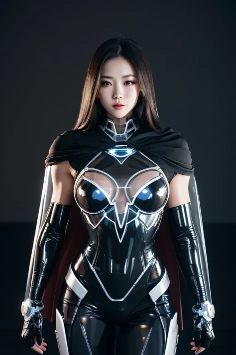 Top quality, masterpiece, tight and smooth transparent rubber armor muscular body builder woman, wearing black cape, standing in moonlit city. Beautiful female robot with skin face, cyborg upper body, body covered with transparent acrylic body.