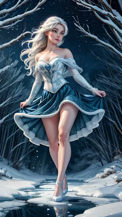 1girl, solo, (best quality,4k,8k,highres,masterpiece:1.2),ultra-detailed,(realistic,photorealistic,photo-realistic:1.37),night,full moon,arctic fox girl, silver off the shoulder princess outfit,snowy landscape,engaging eyes,wavy white fur,curious expressi...