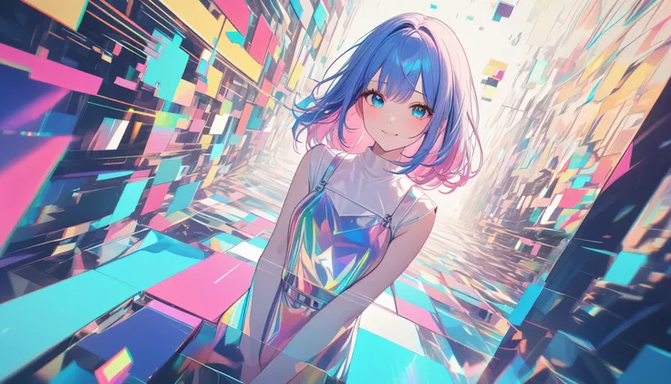 masterpiece,Best quality,Ultra wide angle,hand refers to the audience,1 Girl,Pink blue hair,hand,Cute anime face,Tears,masterpiece,Transparent colored PVC clothing,Clear Colored Vinyl Clothing,whole body,Fault Block}noodle,Smile,Zhongfa,Film Grain,lens_Fla...