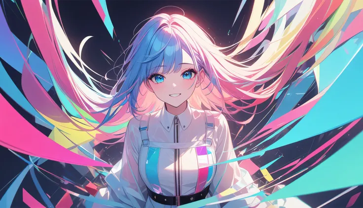 masterpiece,Best quality,Ultra wide angle,hand refers to the audience,1 Girl,Pink blue hair,hand,Cute anime face,Tears,masterpiece,Transparent colored PVC clothing,Clear Colored Vinyl Clothing,whole body,Fault Block}noodle,Smile,Zhongfa,Film Grain,lens_Fla...