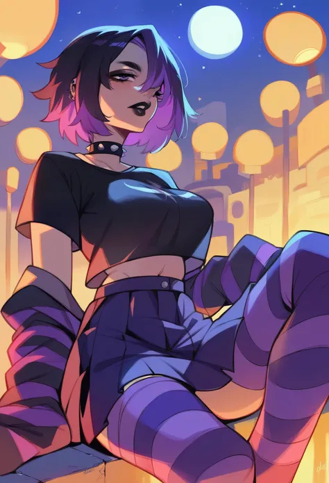 score_9, score_8_up, score_7_up, score_6_up, score_5_up, score_4_up, source_anime, woman, emo, scene hair, emo hair, purple highlights, black shirt, purple striped sleeves, purple skirt, purple and black striped stockings, black lips, sitting on sidewalk, ...