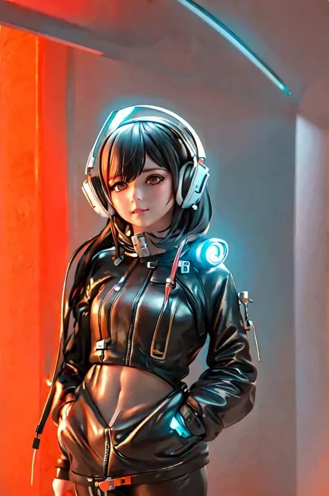 a woman with headphones standing next to a robot, cyberpunk art by Jason A. Engle, cgsociety, retrofuturism, ilya kuvshinov, sci-fi, futuristic, vibrant, photorealistic, realistic, dramatic, cinematic lighting, sharp focus, 10k