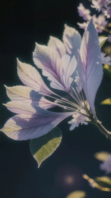 Branch of delicate lilac flowers, Ultra-transparent, holy Light, beautiful spectral Light, Petals Shine, Blink, Dark Background, drops of transparent Light, reflective Light, bright, Light streaming in, Optics, Portrait Profile, Sharp focus, Magical, Compl...