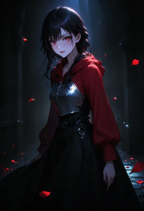 (Full body portrait), One girl, Alone, (Have a weapon), sword, (Long black hair), Detailed face, Mischievous look, Grin, Pale skin, Red eyes, (Fine grain), Long eyelashes, Black eyeliner, Red lipstick, Black tunic, (Red Hoodie Clock), Long Dress, Leather H...