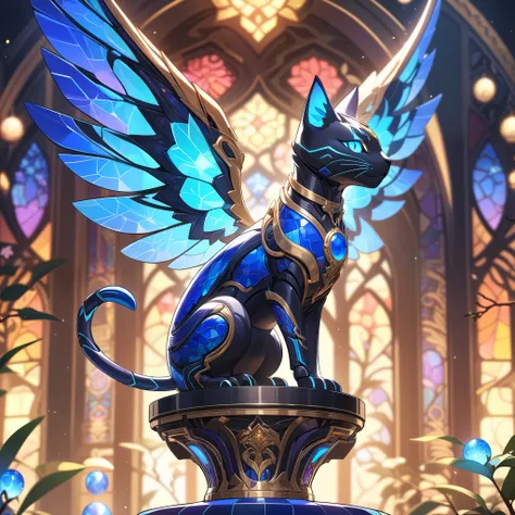 Close-up side view, cute fantasy glowing mechanical cat-like creature sitting on ornate pedestal, sapphire sharp shimmering wings with (intricate patterns), (sharp claws), glowing robotic eyes, intricate sparkling conduits, long ears, sparkling, blurry war...